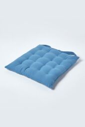 Homescapes Seat Pad Luxury 100% Cotton Indoor Outdoor Garden Cushion, Button Tie, 40cm in Blue
