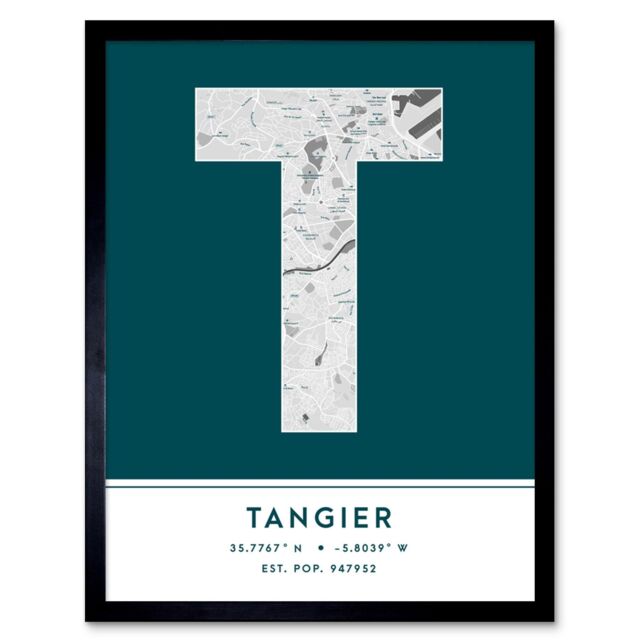 "Wee Blue Coo Wall Art Print Tangier Morocco City Map Modern Typography Stylish Letter Framed Word in Teal - Size: W12"" x H16""" - image 1