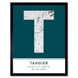 "Wee Blue Coo Wall Art Print Tangier Morocco City Map Modern Typography Stylish Letter Framed Word in Teal - Size: W12"" x H16""" - thumbnail 1