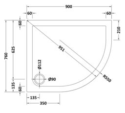 Balterley Premium Slip Resistant Shower Tray - Right Hand Offset Quadrant - 900mm x 760mm - White - thumbnail 4