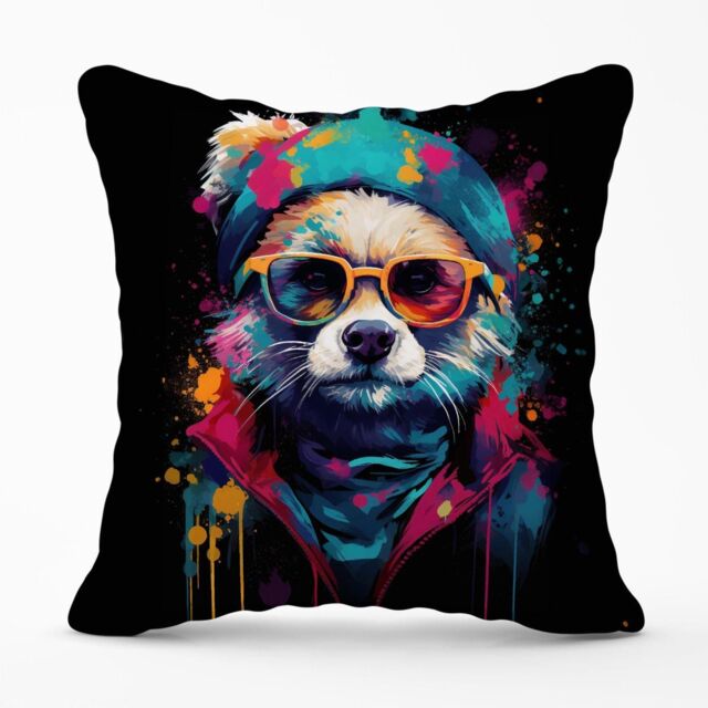 Warren Reed - Designer Multi Coloured Splashart Dog With Glasses Outdoor Cushion in Blue - Size: 60 cm x 60 cm - image 1