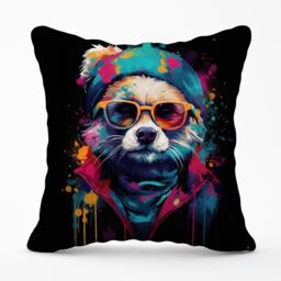 Warren Reed - Designer Multi Coloured Splashart Dog With Glasses Outdoor Cushion in Blue - Size: 60 cm x 60 cm - thumbnail 1