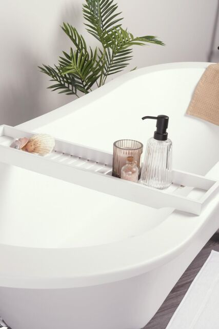 OHS Bamboo Bath Tray Storage Bathtub Rack Caddy in White - image 1