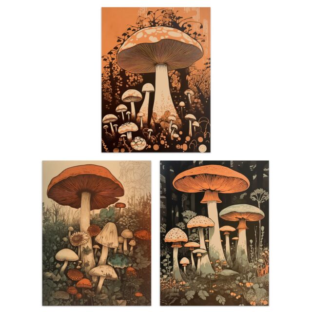 Artery8 Wall Art Print Set of 3 Botanical Fungi Mushroom Paintings Earthy Flora Fauna Nature Living Room Poster s Pack in Orange - Size: A4 - image 1