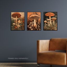 Artery8 Wall Art Print Set of 3 Botanical Fungi Mushroom Paintings Earthy Flora Fauna Nature Living Room Poster s Pack in Orange - Size: A4 - thumbnail 2