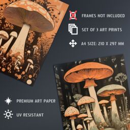 Artery8 Wall Art Print Set of 3 Botanical Fungi Mushroom Paintings Earthy Flora Fauna Nature Living Room Poster s Pack in Orange - Size: A4 - thumbnail 4