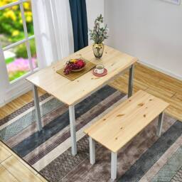 Kelvenix Solid Wood Dining Table & Chairs Bench Set - Wood Top Grey Frame - Size: 0.6m2 - thumbnail 2