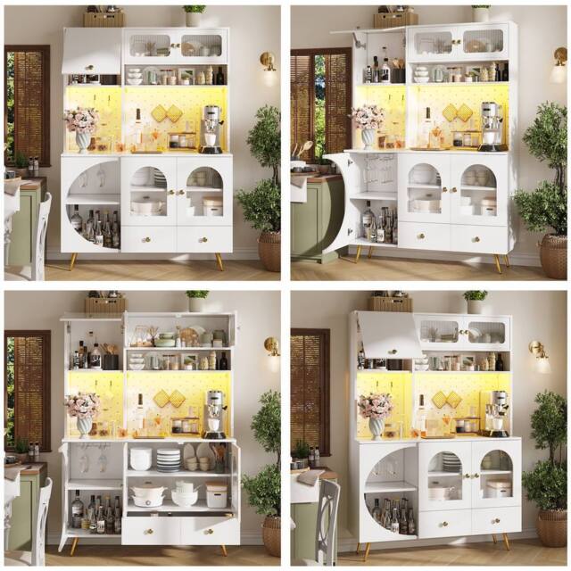 BTM Tall Kitchen Cabinet with LED & USB Ports, Glass Shelves in White - image 1