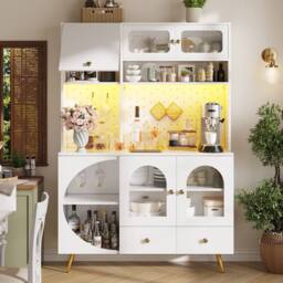 BTM Tall Kitchen Cabinet with LED & USB Ports, Glass Shelves in White - thumbnail 3