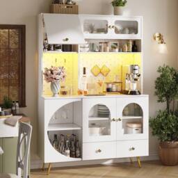 BTM Tall Kitchen Cabinet with LED & USB Ports, Glass Shelves in White - thumbnail 4