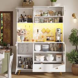 BTM Tall Kitchen Cabinet with LED & USB Ports, Glass Shelves in White - thumbnail 2