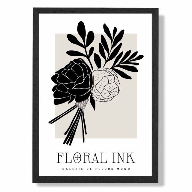 ARTZE Black & Beige Closed Peonies Floral Ink Sketch Framed Print SIZE: A2 with Black Frame - Size: A4 - image 1