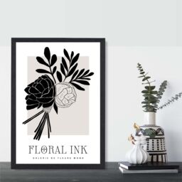 ARTZE Black & Beige Closed Peonies Floral Ink Sketch Framed Print SIZE: A2 with Black Frame - Size: A4 - thumbnail 2