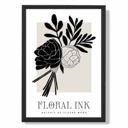 ARTZE Black & Beige Closed Peonies Floral Ink Sketch Framed Print SIZE: A2 with Black Frame - Size: A4 - thumbnail 1