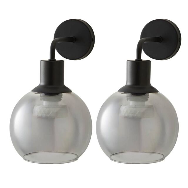 ValueLights Bellamy Pair of Globe Glass Shade Rechargeable Wall Lights in Black - image 1