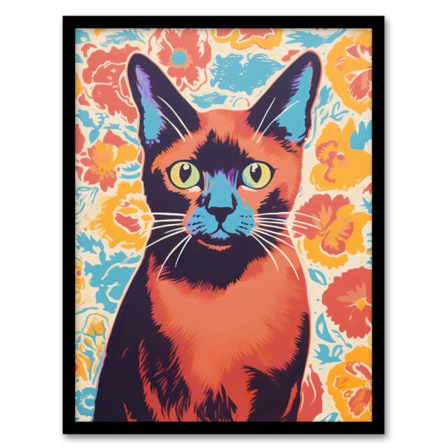 Artery8 Wall Art Print The Cat & The Carnations Bold Vibrant Screen Burmese Cat & Flower Floral Risograph Artwork Retro Riso Interior Design Art - image 1