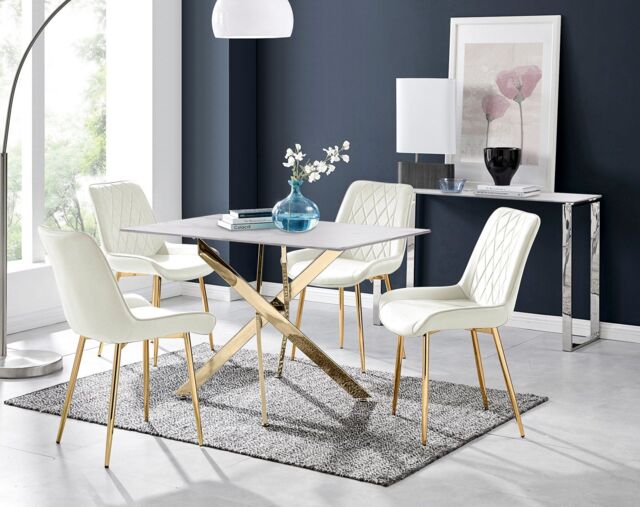 FurnitureboxUK Leonardo White Glass Marble Effect Gold Leg Table & 4 Pesaro Gold Leg Chairs in Cream - image 1