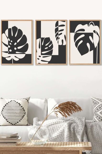 ARTZE Set of 3 Oak Framed Mid Century Monstera in Black & Ivory Wall Art in Charcoal - Size: W45 cm x H62 cm x D20mm - image 1