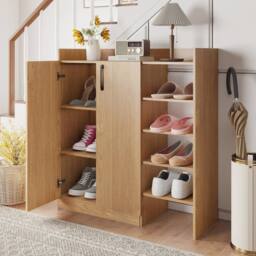 Gymax Shoe Cabinet With 2 Doors Shoe Organizer With Adjustable Inner Shelves in Natural - thumbnail 7