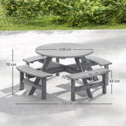 OUTSUNNY 8 Seat Outdoor Wooden Picnic Table with Bench, Parasol Hole, Grey - thumbnail 3