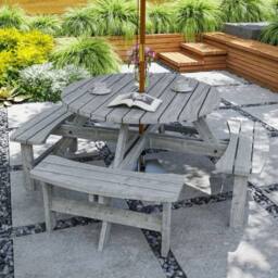 OUTSUNNY 8 Seat Outdoor Wooden Picnic Table with Bench, Parasol Hole, Grey - thumbnail 1