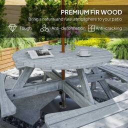 OUTSUNNY 8 Seat Outdoor Wooden Picnic Table with Bench, Parasol Hole, Grey - thumbnail 5