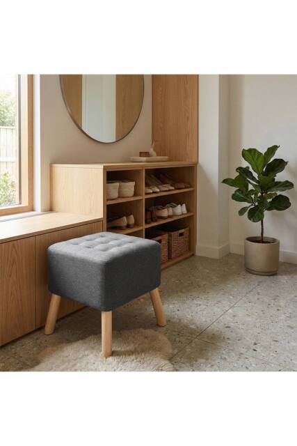 Living and Home Linen Upholstered Footstool in Dark Grey - image 1