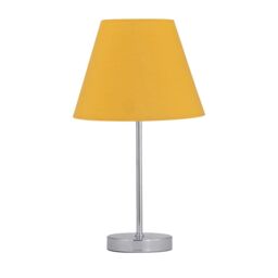 First Choice Lighting Chrome Stick Table Lamp with Ochre Fabric Shade in Silver