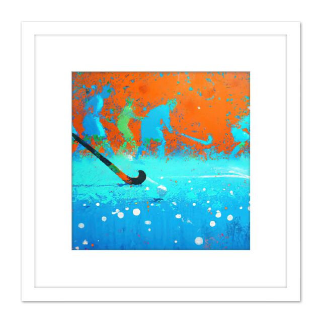 Artery8 Abstract Field Hockey Stick Players Pitch Blue Orange Sport Oil Painting Square Wooden Framed Wall Art Print Picture 8X8 Inch in White - image 1