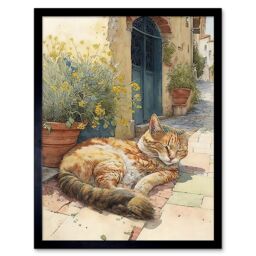 "Artery8 Wall Art Print Cat Sunbathing in Mediterranean Village Street Watercolour Art Framed in Black - Size: W12"" x H16""" - thumbnail 1