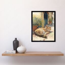 "Artery8 Wall Art Print Cat Sunbathing in Mediterranean Village Street Watercolour Art Framed in Black - Size: W12"" x H16""" - thumbnail 2