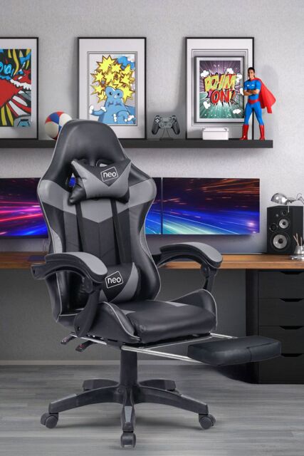 Neo Foot Turbo Massage Leather Recliner PC Gaming Chair with Footrest in Grey - image 1