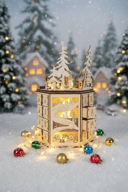 LED Rotating Countdown Calendar Wooden Music Box for Christmas in Beige - image 1