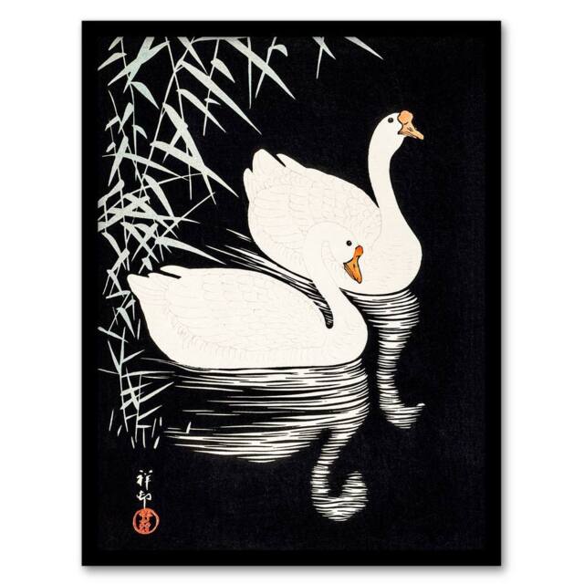 Artery8 Ohara Koson Framed Wall Art Print Geese Swimming By Reeds in Black - Size: A4 - image 1