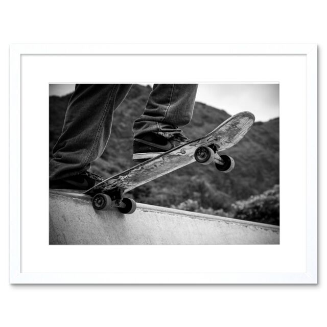 "Artery8 Wall Art Print Skateboarder Halfpipe Drop Framed in White - Size: W7"" x H9""" - image 1