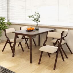 Costway Set of 2 Padded Folding Chair Wooden Counter Dining Chairs W/ Linen Fabric Seat in Brown - thumbnail 4