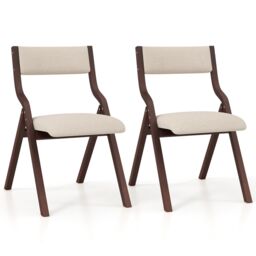 Costway Set of 2 Padded Folding Chair Wooden Counter Dining Chairs W/ Linen Fabric Seat in Brown
