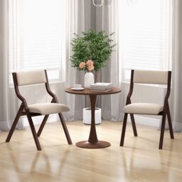 Costway Set of 2 Padded Folding Chair Wooden Counter Dining Chairs W/ Linen Fabric Seat in Brown - thumbnail 3