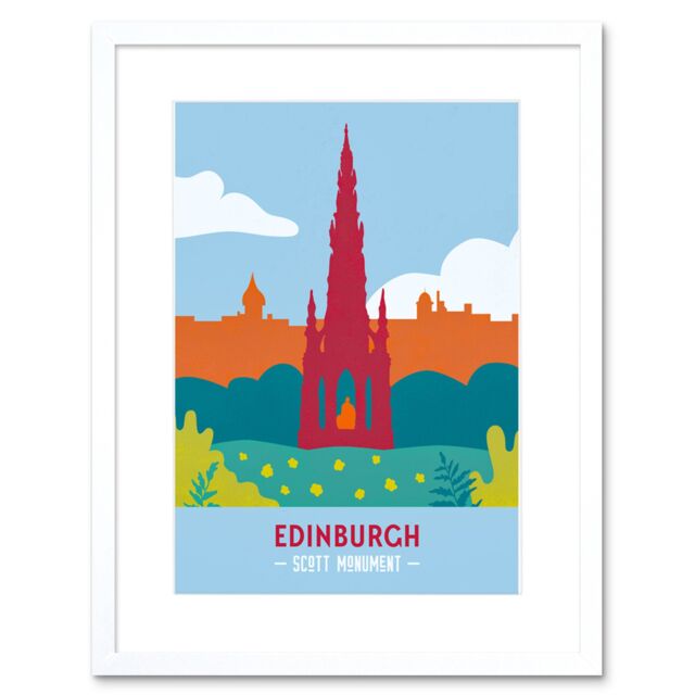 "Artery8 Wall Art Print Scotland Travel Edinburgh Scott Monument Retro Framed in White - Size: W7"" x H9""" - image 1