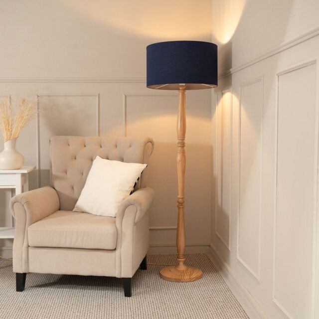 ValueLights Victoria Light Wood Traditional Floor Lamp with Fabric Drum Shade & LED Bulb in Navy - image 1