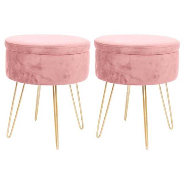 Harbour Housewares Round Velvet Storage Footstools - H45 x D36cm - Gold Legs - Pack of 2 in Pink - image 1