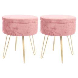 Harbour Housewares Round Velvet Storage Footstools - H45 x D36cm - Gold Legs - Pack of 2 in Pink - thumbnail 1