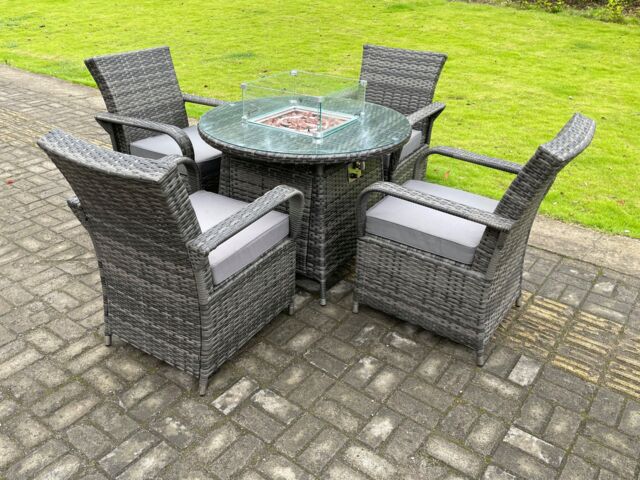 Fimous Rattan Garden Furniture Gas Fire Pit Round Dining Table Set Gas Heater & Dining Chairs 4 Seater in Dark Grey - image 1