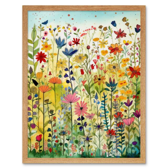 "Artery8 Wall Art Print Mixed Wildflower Bloom In Meadow Folk Art Framed in Light Oak - Size: W12"" x H16""" - image 1