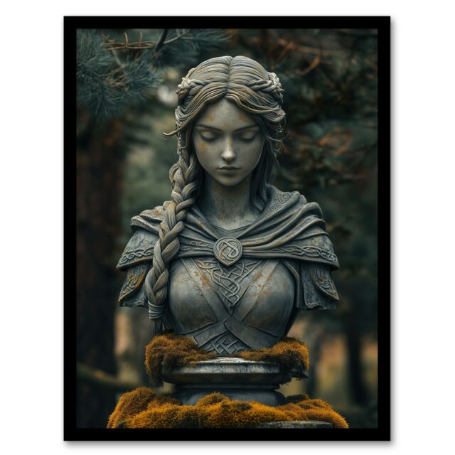 "Artery8 Norse Shield Maiden Warrior Bust Statue in Forest Framed Art Print in Green - Size: W12"" x H16""" - image 1
