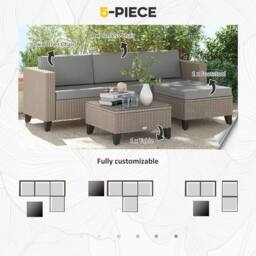 OUTSUNNY 5 PCs Rattan Garden Furniture Set with Glass Coffee Table in Brown - thumbnail 4