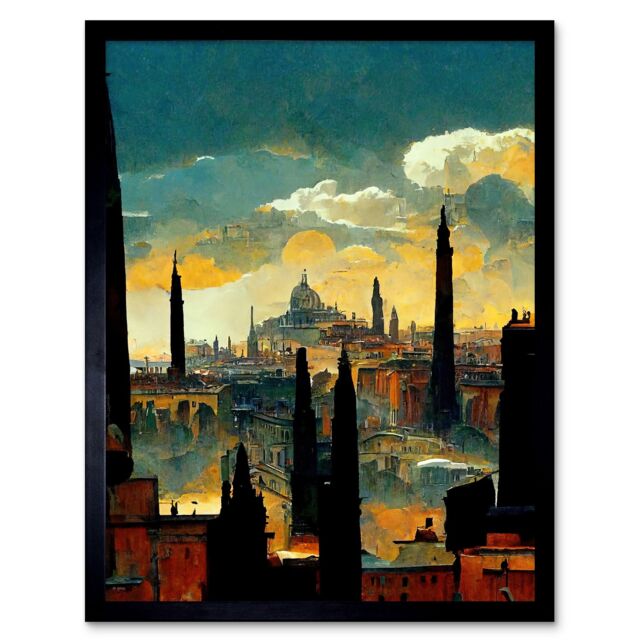 "Artery8 Wall Art Print Industrial Cityscape Sunset Art Framed in Black - Size: W12"" x H16""" - image 1