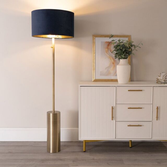 ValueLights Lexy Gold Dimmable Floor Lamp with Velvet Drum with Gold Inner Lamp Shade & Bulb in Dark Navy - image 1