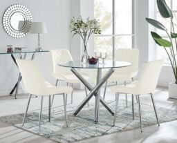 FurnitureboxUK Selina Round Glass Chrome Leg Dining Table & Pesaro Silver Leg Chairs in Cream - Size: 4 Person - thumbnail 1