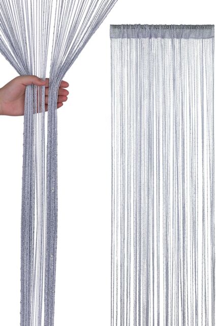 Neel Blue Glitter String Curtain Polyester Fringe Panel Spaghetti Tassel Curtain, 200cm x 90cm in Silver - Size: 200 cm x 90 cm - image 1
